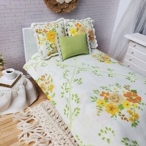 Floral Bedding Set with Green Accent Pillow Miniature Dollhouse 1:12 Scale